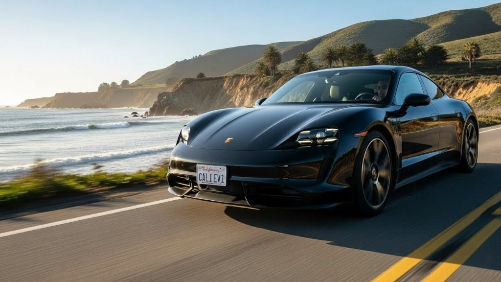Black Porsche sports car driving coastal highway with ocean cliffs, representing Montana vehicle registration benefits.