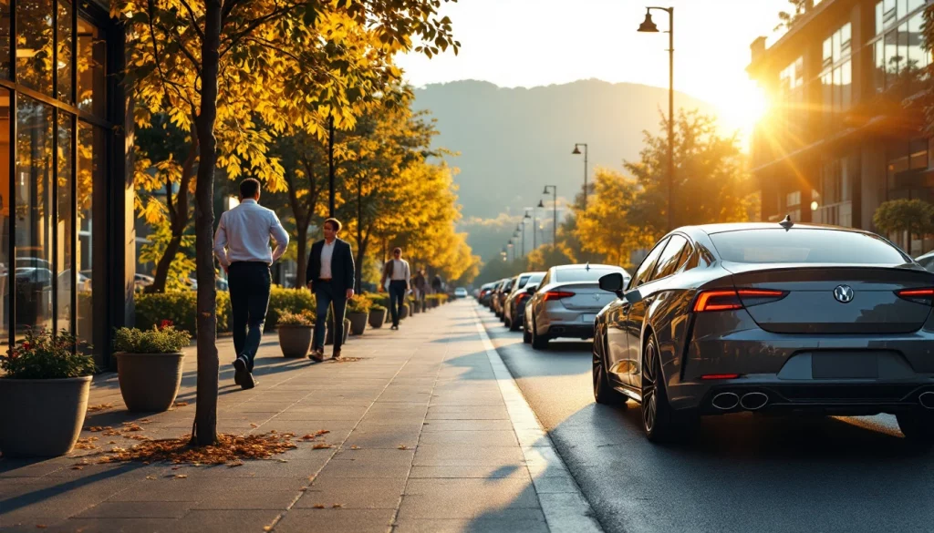Elevated sedan parked on urban street with professionals walking