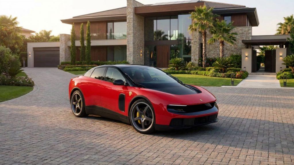 Red Ferrari electric vehicle parked in elevated modern home driveway, showcasing new EV design