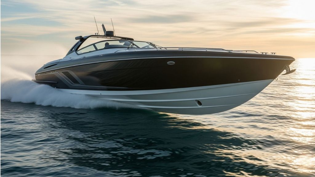 Elevated speedboat cruising on ocean water, representing boat registration and ownership requirements for first-time buyers.
