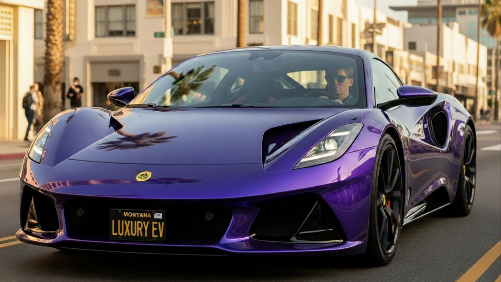 Purple elevated electric vehicle driving on city street, exemplifying high-end vehicle importation from Canada