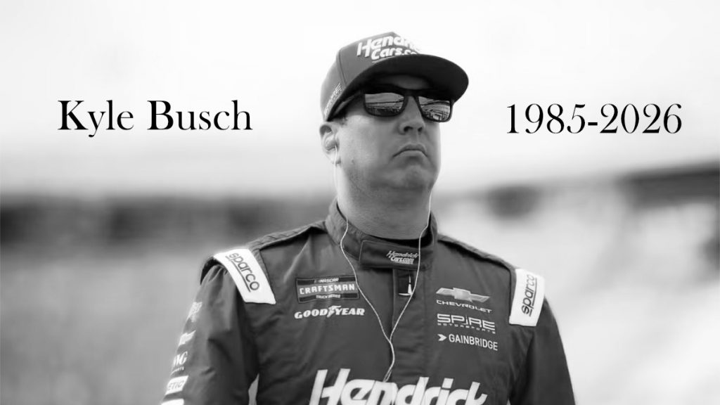 Kyle Busch NASCAR driver portrait in racing suit and sunglasses tribute photo 1985-2026