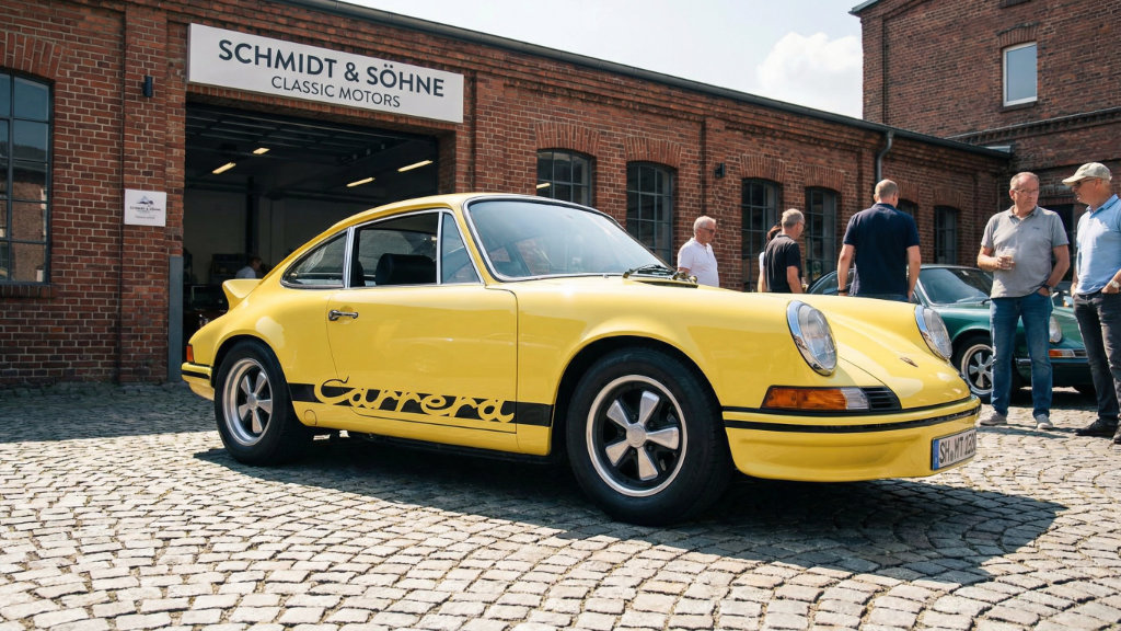 Yellow Porsche 911 Carrera classic sports car displayed at vintage auto shop