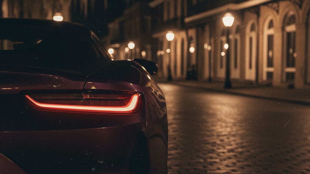 Modern car with glowing red taillights parked on cobblestone street at night in European city