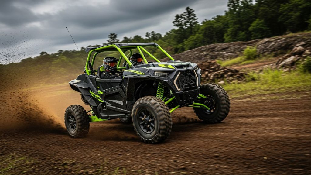Bright green and black sport utility UTV racing through muddy trail terrain with dust clouds