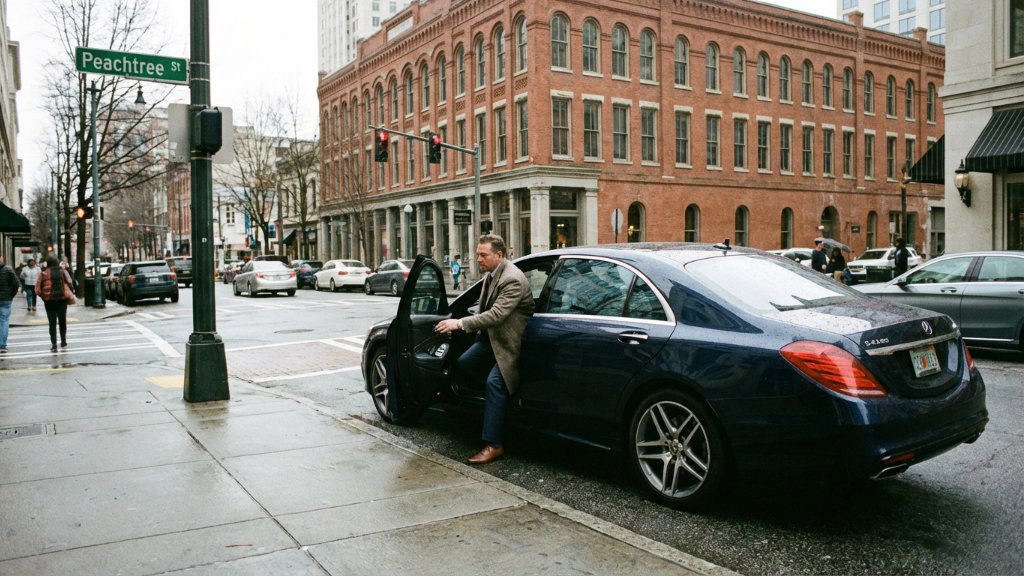 Man getting into dark sedan on urban street corner with historic brick buildings and Peachtree Street sign visible