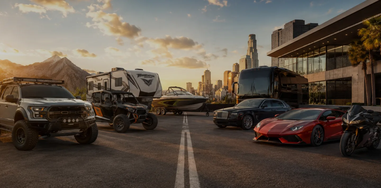 Trucks, off-roaders, and exotics parked together at sunset