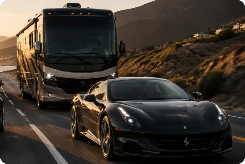 Exotic car towing an RV motorcoach on the highway
